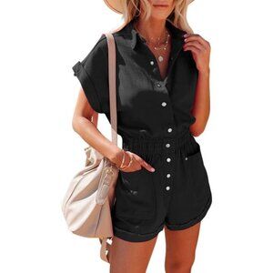 Women's Black Short Cuffed Sleeve Rompers Elastic Waist Button Down Cotton